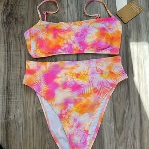 NWT Hobie Tropical Floral Print Bralette Bikini Set in Pink & Orange Size Large